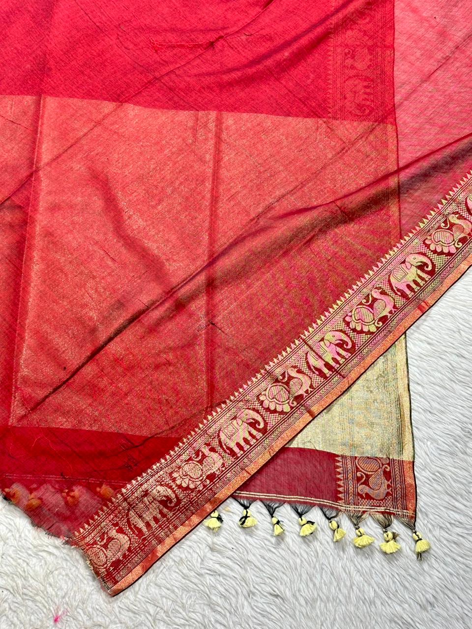 Royal Linen Cotton Silk Saree with Traditional Animal Motif Border and Tassel Pallu