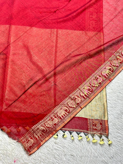 Royal Linen Cotton Silk Saree with Traditional Animal Motif Border and Tassel Pallu