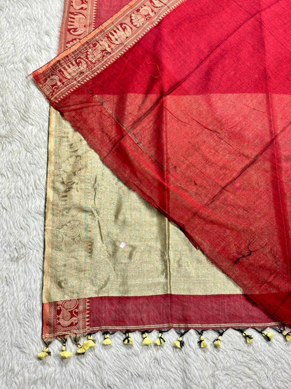 Royal Linen Cotton Silk Saree with Traditional Animal Motif Border and Tassel Pallu