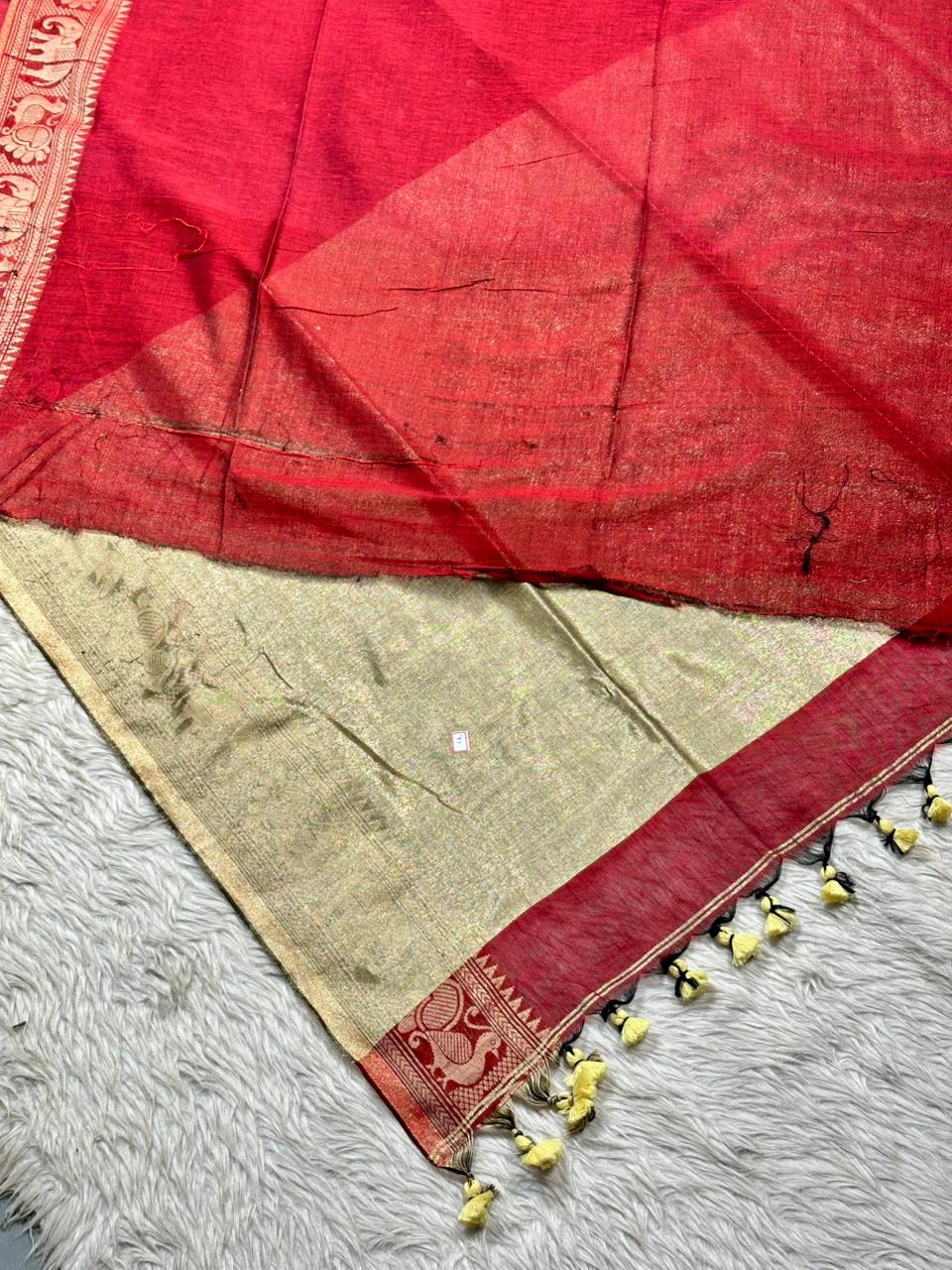 Royal Linen Cotton Silk Saree with Traditional Animal Motif Border and Tassel Pallu