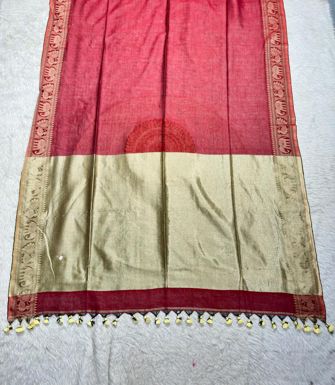 Royal Linen Cotton Silk Saree with Traditional Animal Motif Border and Tassel Pallu