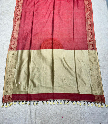 Royal Linen Cotton Silk Saree with Traditional Animal Motif Border and Tassel Pallu