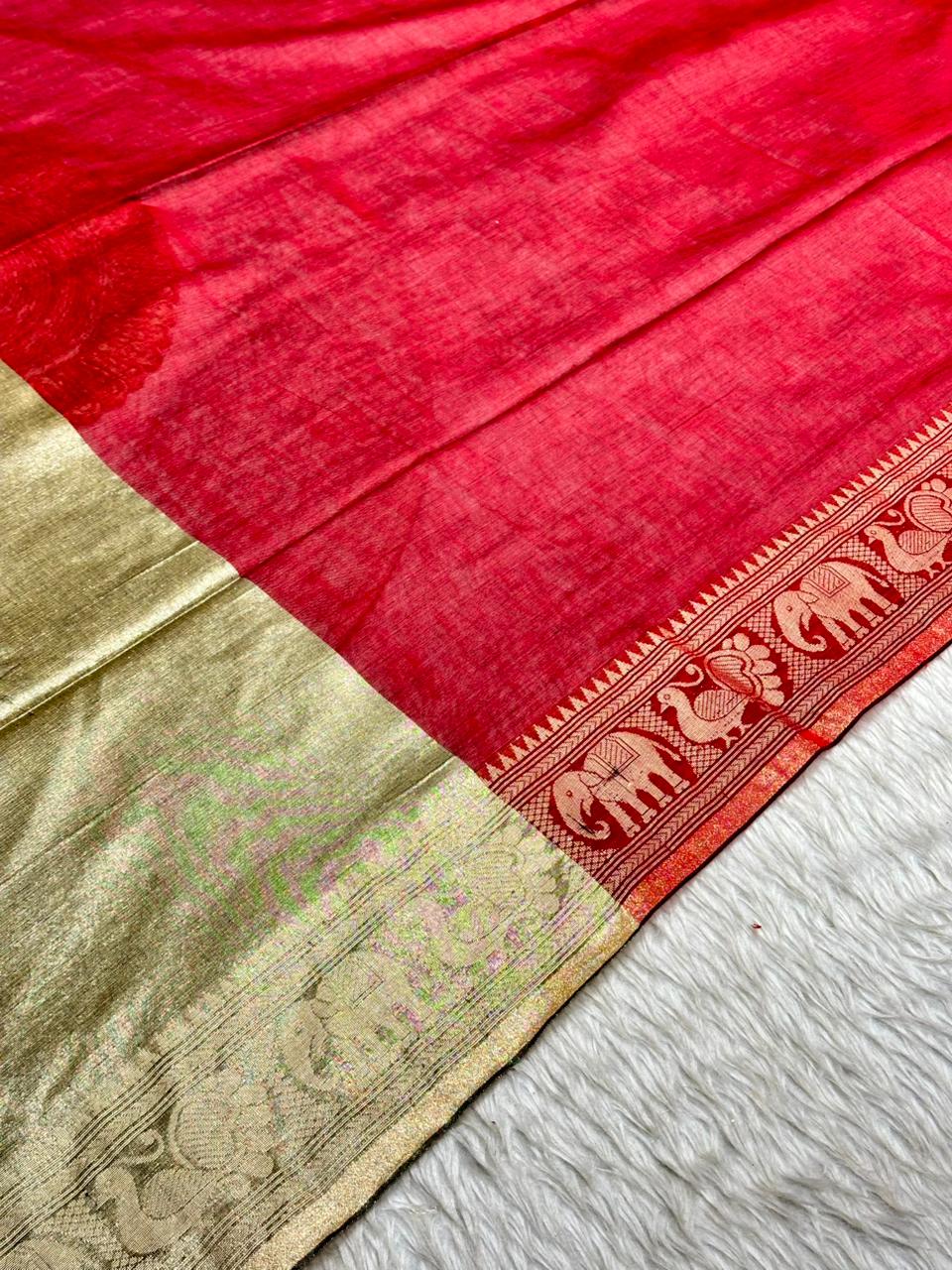 Royal Linen Cotton Silk Saree with Traditional Animal Motif Border and Tassel Pallu
