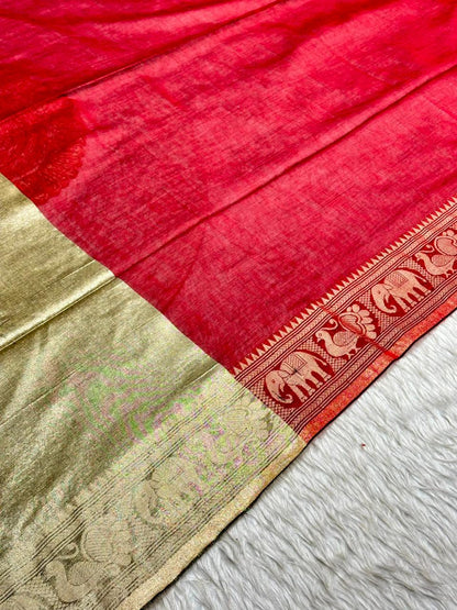 Royal Linen Cotton Silk Saree with Traditional Animal Motif Border and Tassel Pallu