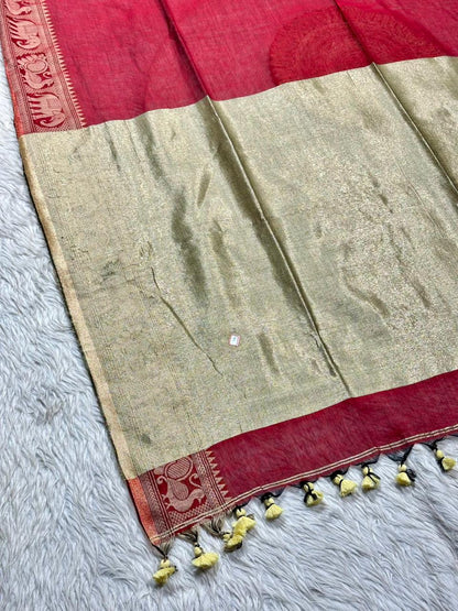 Royal Linen Cotton Silk Saree with Traditional Animal Motif Border and Tassel Pallu