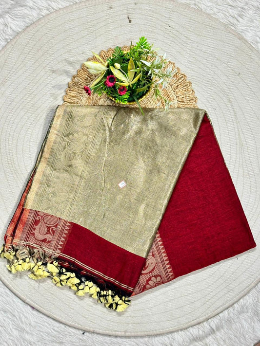 Royal Linen Cotton Silk Saree with Traditional Animal Motif Border and Tassel Pallu