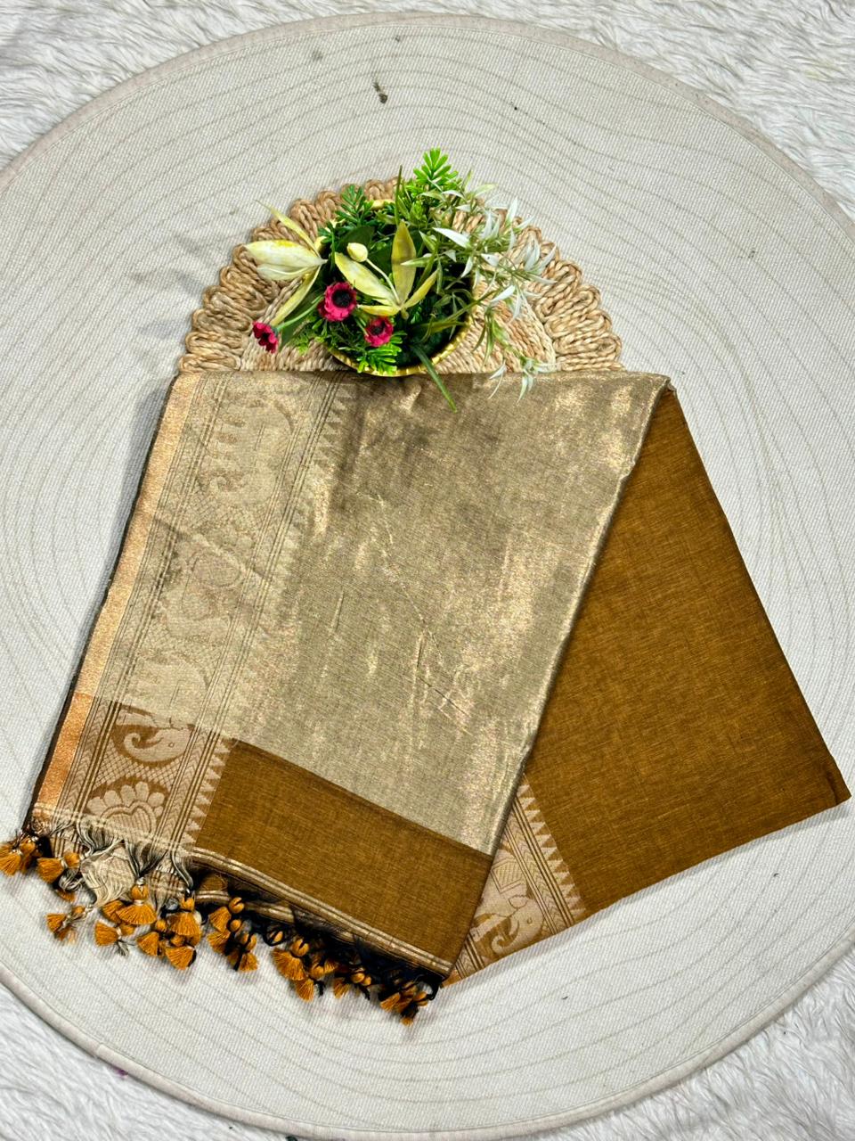 Royal Linen Cotton Silk Saree with Traditional Animal Motif Border and Tassel Pallu