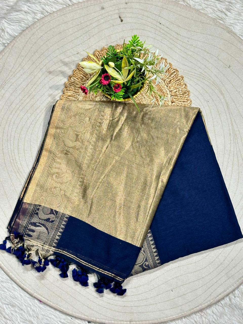 Royal Linen Cotton Silk Saree with Traditional Animal Motif Border and Tassel Pallu