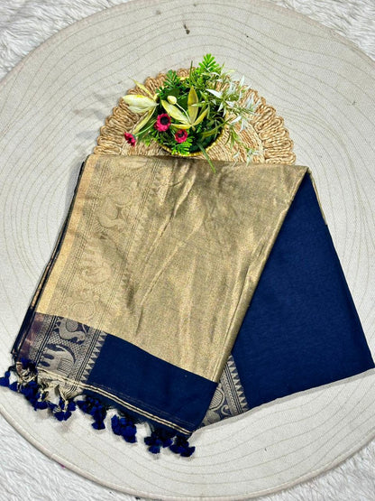 Royal Linen Cotton Silk Saree with Traditional Animal Motif Border and Tassel Pallu