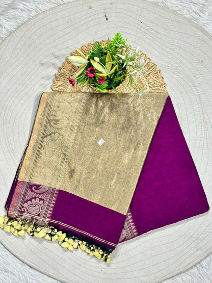 Royal Linen Cotton Silk Saree with Traditional Animal Motif Border and Tassel Pallu