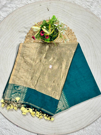 Royal Linen Cotton Silk Saree with Traditional Animal Motif Border and Tassel Pallu