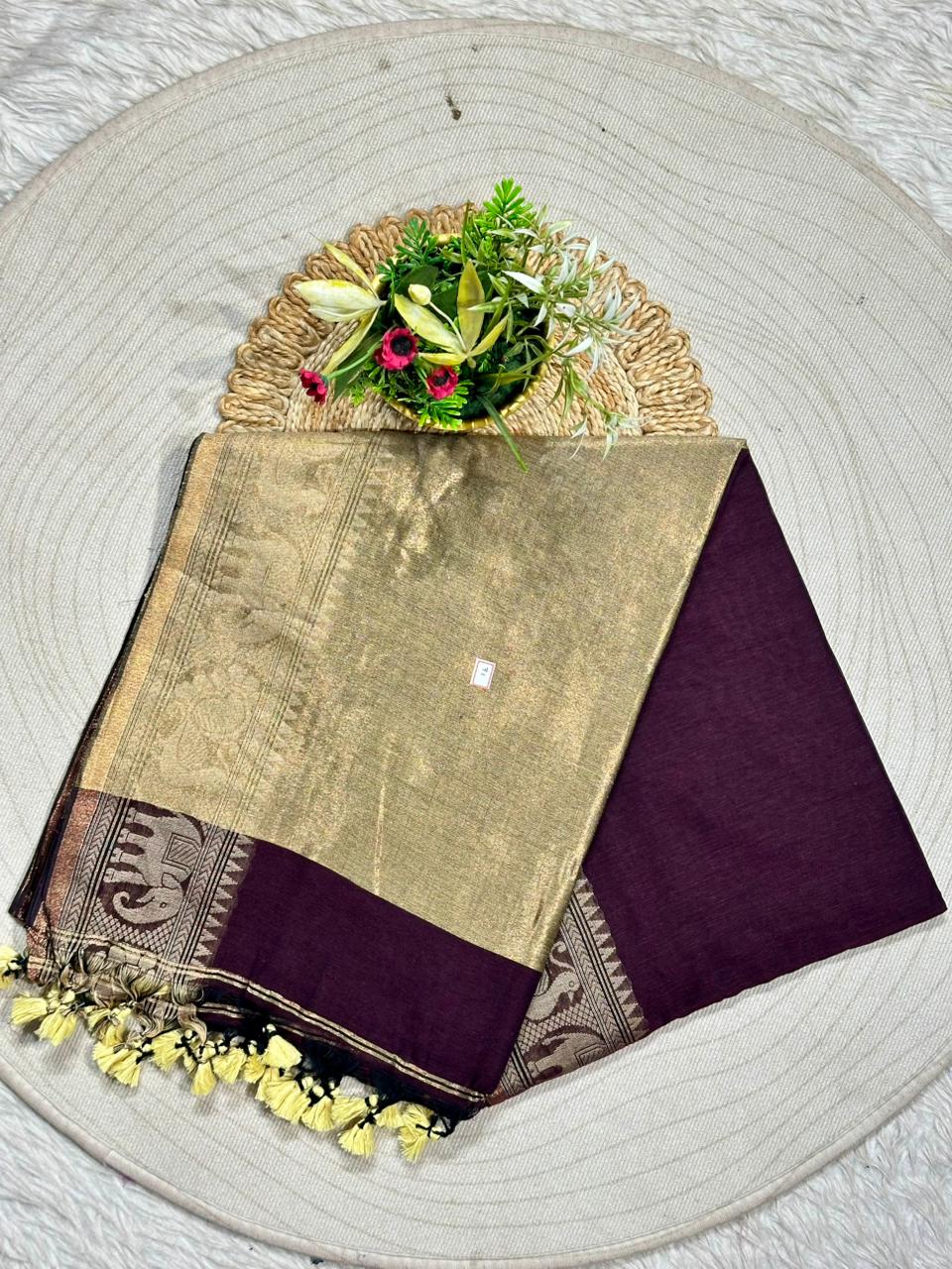 Royal Linen Cotton Silk Saree with Traditional Animal Motif Border and Tassel Pallu