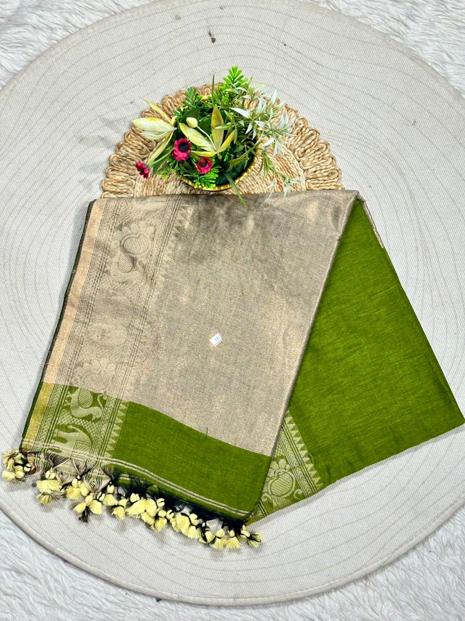 Royal Linen Cotton Silk Saree with Traditional Animal Motif Border and Tassel Pallu