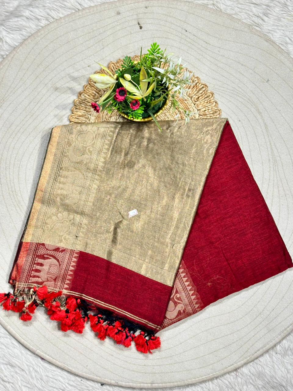 Royal Linen Cotton Silk Saree with Traditional Animal Motif Border and Tassel Pallu