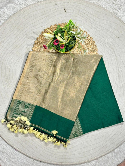 Royal Linen Cotton Silk Saree with Traditional Animal Motif Border and Tassel Pallu
