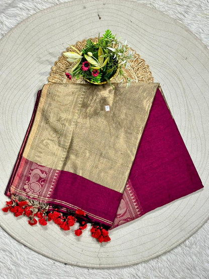 Royal Linen Cotton Silk Saree with Traditional Animal Motif Border and Tassel Pallu
