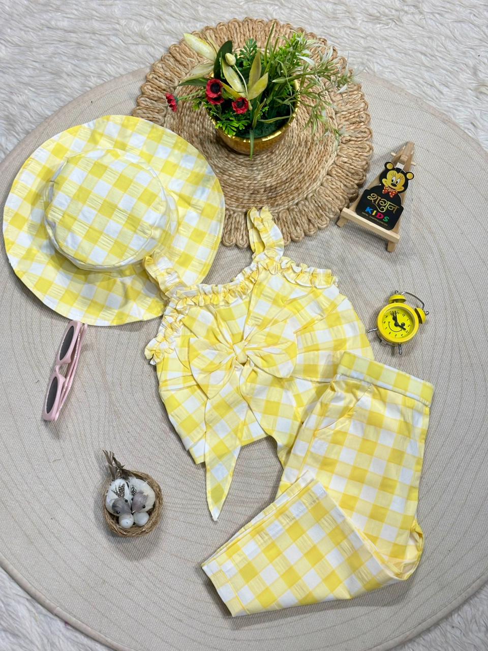 Sunny Days Ahead: Yellow Checkered 3-Piece Party Set by SHAGUN FASHION