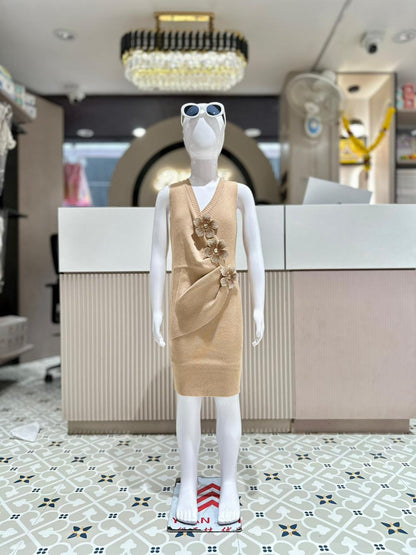 Golden Beige Knitted Flower Dress by SHAGUN FASHION