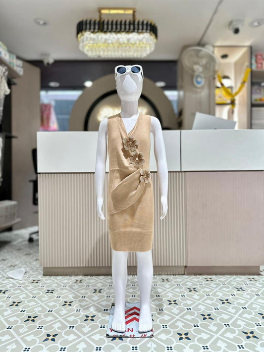Golden Beige Knitted Flower Dress by SHAGUN FASHION