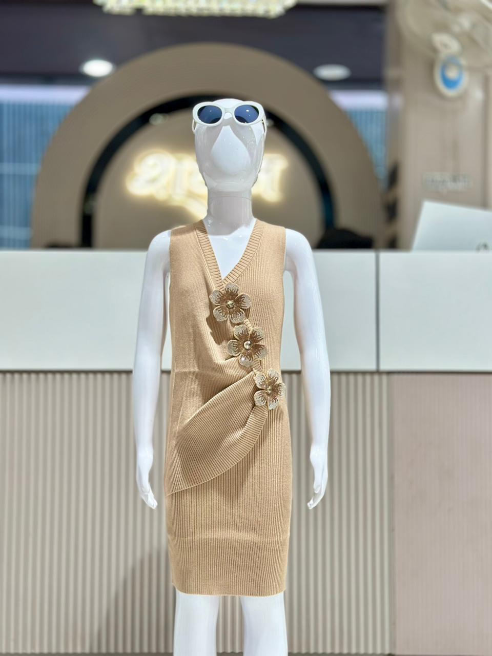 Golden Beige Knitted Flower Dress by SHAGUN FASHION