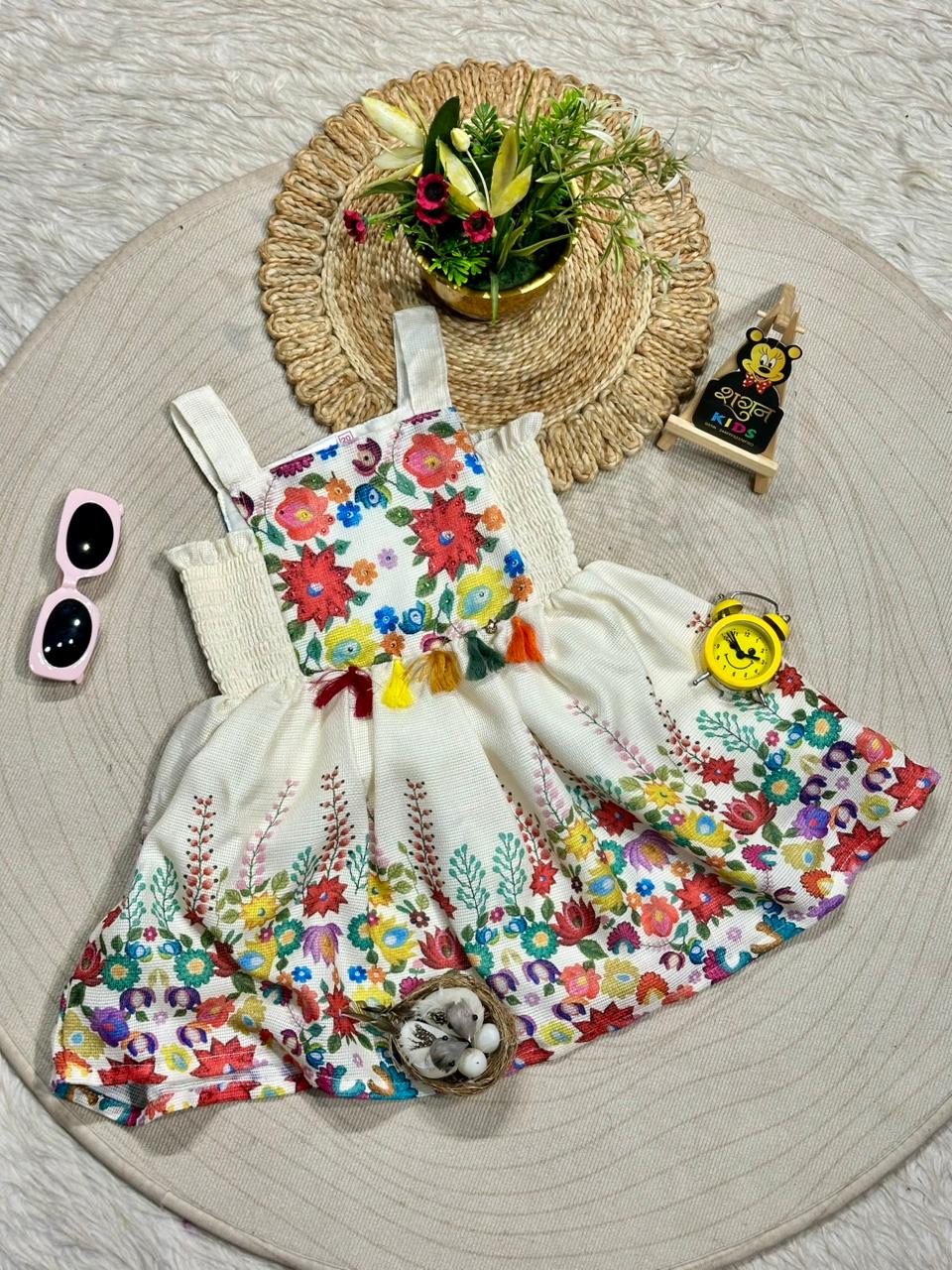 Little Boho Queen: Colorful Floral Pom-Pom Party Dress by SHAGUN FASHION