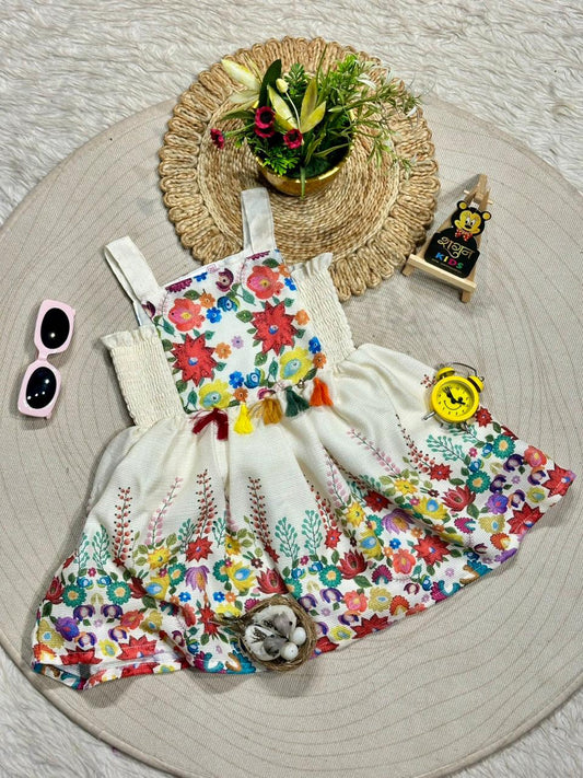 Little Boho Queen: Colorful Floral Pom-Pom Party Dress by SHAGUN FASHION