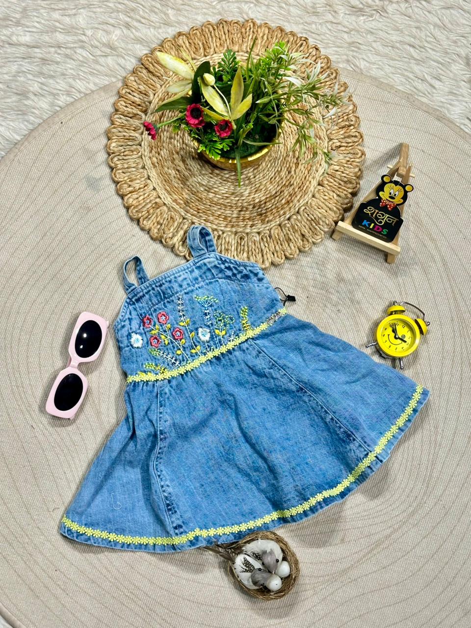 Cute & Classic: Denim Floral Embroidery Dress by SHAGUN FASHION
