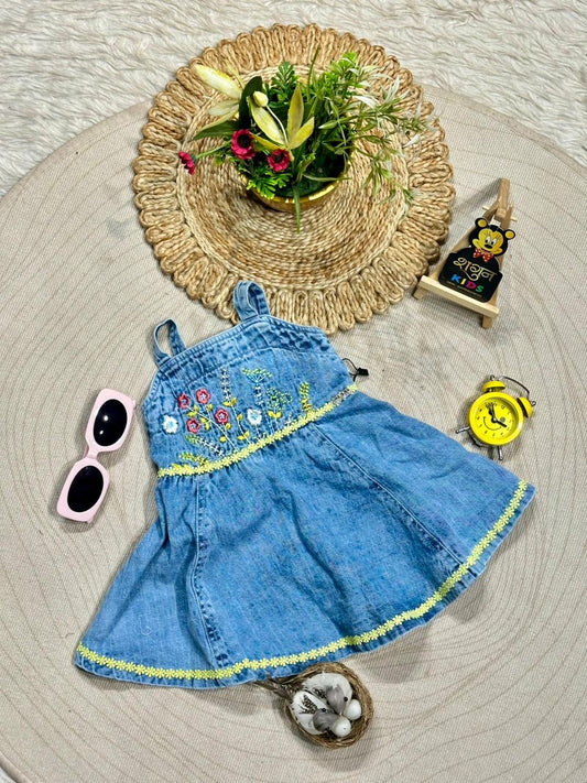 Cute & Classic: Denim Floral Embroidery Dress by SHAGUN FASHION