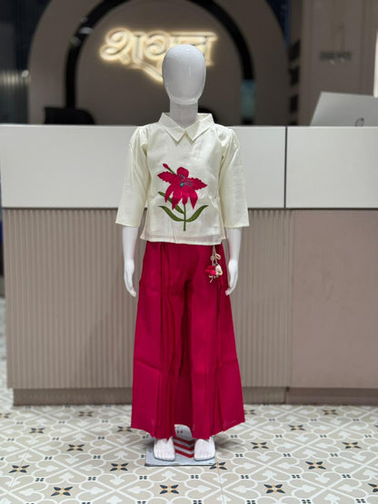 SHAGUN FASHION Cute Kids Girl Indo-Western Co-Ord Set – White Shirt with Big Flower Embroidery and Bright Rani Pink Sharara Pants