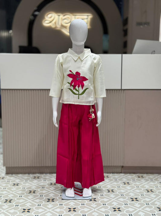 SHAGUN FASHION Cute Kids Girl Indo-Western Co-Ord Set – White Shirt with Big Flower Embroidery and Bright Rani Pink Sharara Pants