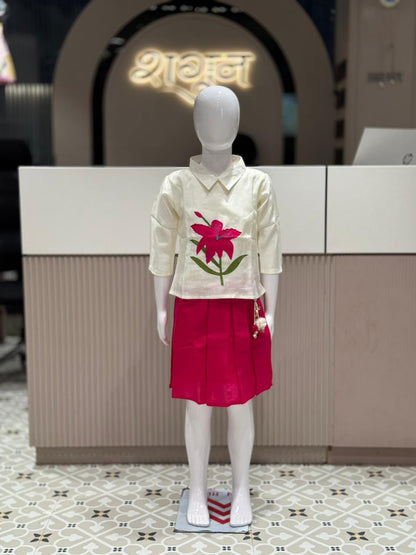 SHAGUN FASHION Cute Kids Girl Indo-Western Set – Off-White Collar Shirt with Big Flower Embroidery and Bright Rani Pink Skirt