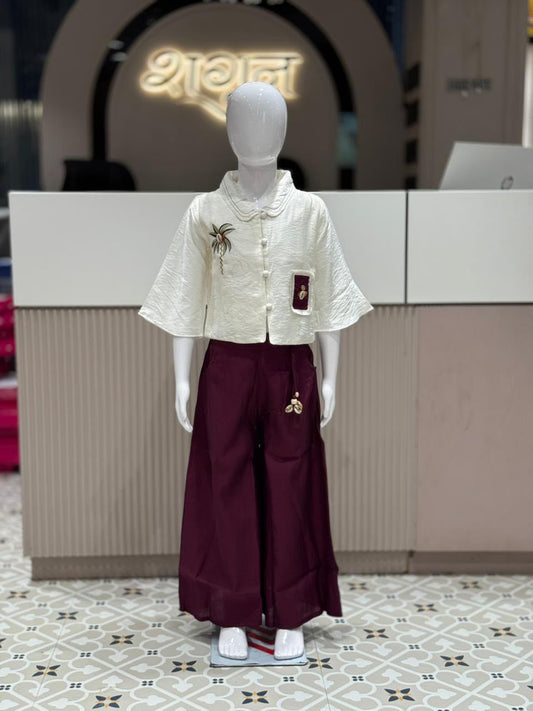 SHAGUN FASHION Trendy Kids Girl Indo-Western Co-Ord Set – Off-White Crop Shrug Jacket with Wine Red Wide-Leg Palazzo Pants