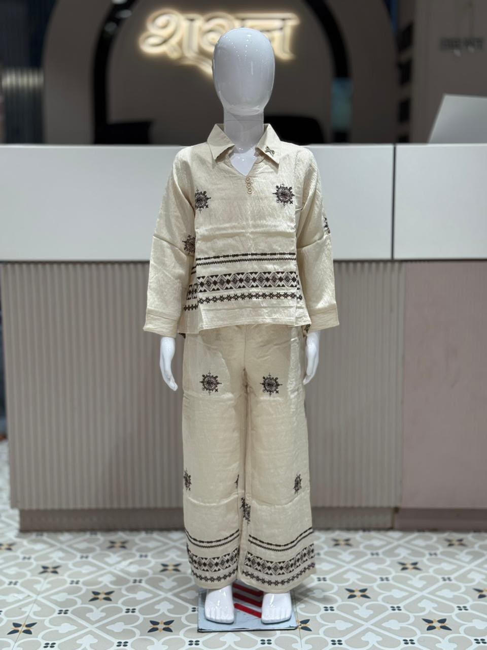 SHAGUN FASHION Premium Kids Girl Indo-Western Co-Ord Set – Beige Khadi-Cotton V-Neck Shirt and Matching Wide-Leg Pants with Rich Brown Embroidery