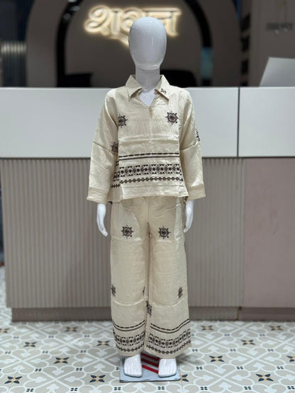 SHAGUN FASHION Premium Kids Girl Indo-Western Co-Ord Set – Beige Khadi-Cotton V-Neck Shirt and Matching Wide-Leg Pants with Rich Brown Embroidery