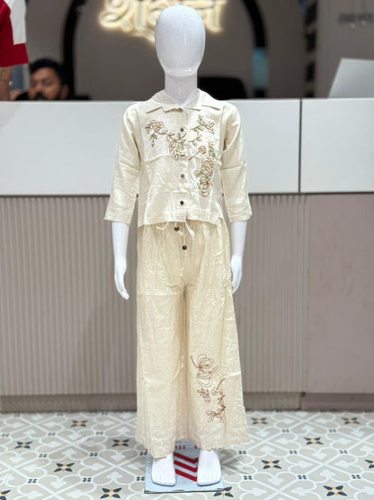 SHAGUN FASHION Premium Luxury Kids Girl Co-Ord Set – Beige Linen-Cotton Button-Up Shirt and Palazzo Pants with Fancy Glass Bead and Flower Handwork