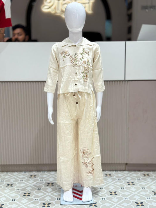SHAGUN FASHION Premium Luxury Kids Girl Co-Ord Set – Beige Linen-Cotton Button-Up Shirt and Palazzo Pants with Fancy Glass Bead and Flower Handwork