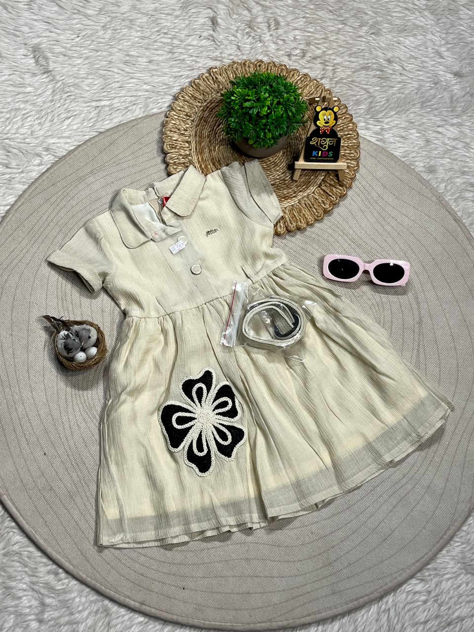 SHAGUN FASHION Premium Beige Collared Frock with Designer Belt and Flower Patch for Baby Girls