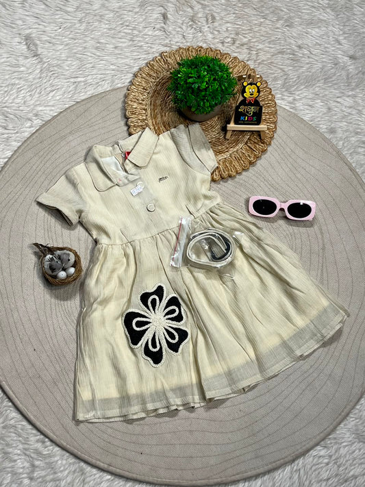SHAGUN FASHION Premium Beige Collared Frock with Designer Belt and Flower Patch for Baby Girls