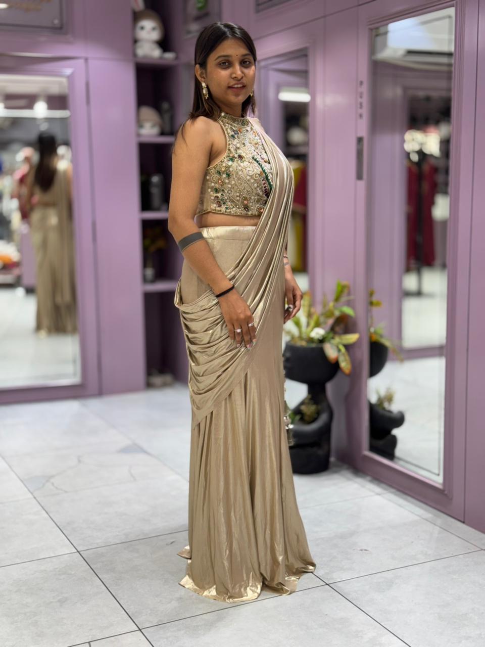 SHAGUN FASHION Stunning Metallic Gold Ready-to-Wear Dress with Heavy Handwork Blouse