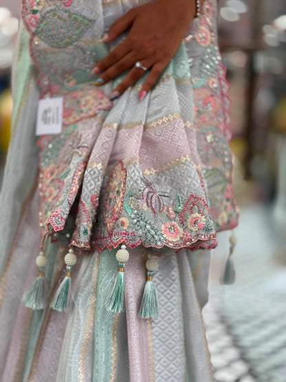 SHAGUN FASHION Beautiful Multi-Color Pastel Silk Saree with Heavy Cutwork Border and Sequined Blouse