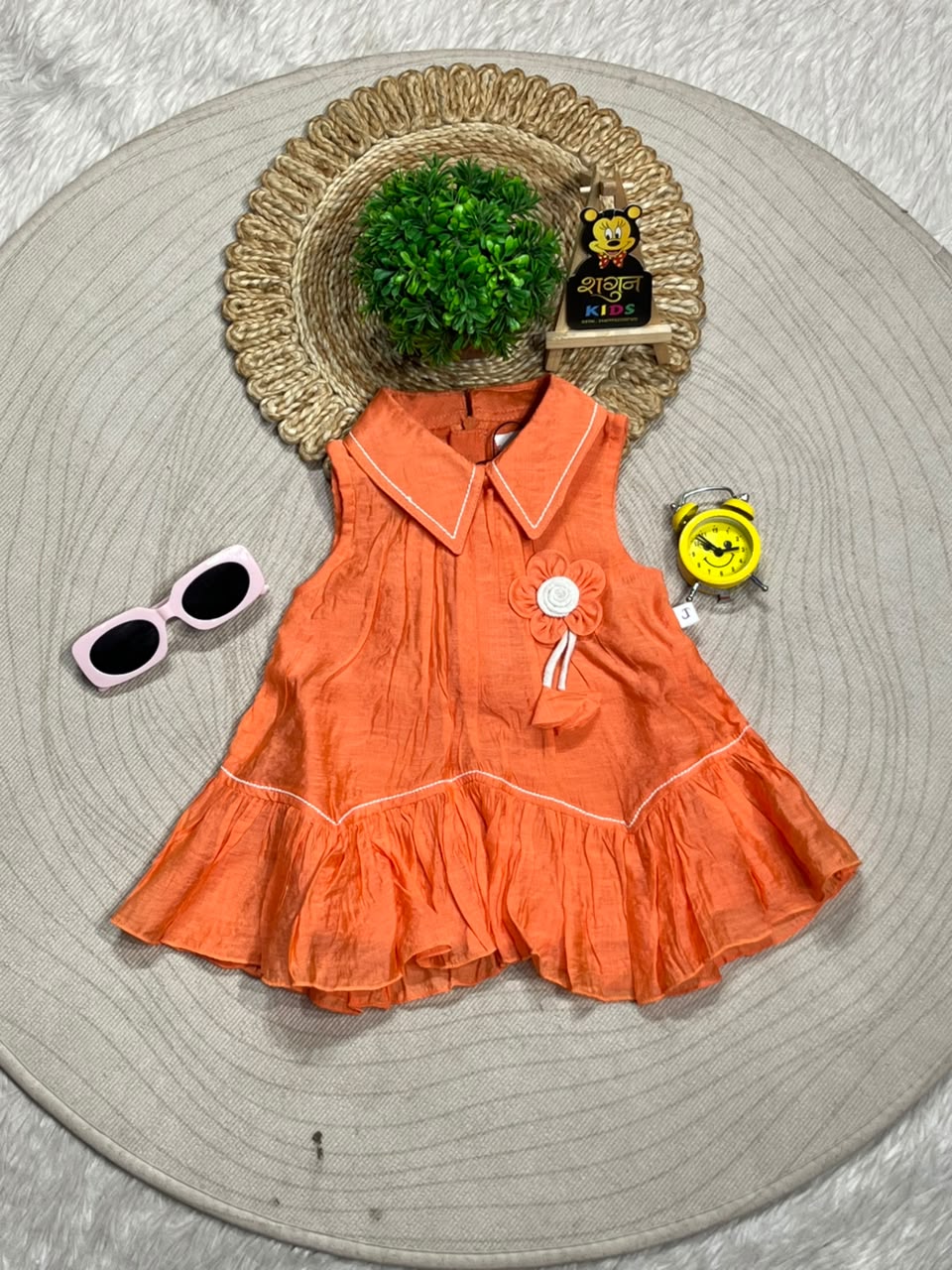 SHAGUN FASHION Cute Kids Girl Festive Cotton Frock – Bright Sleeveless Dress with Big Collar and Fancy Flower Brooch