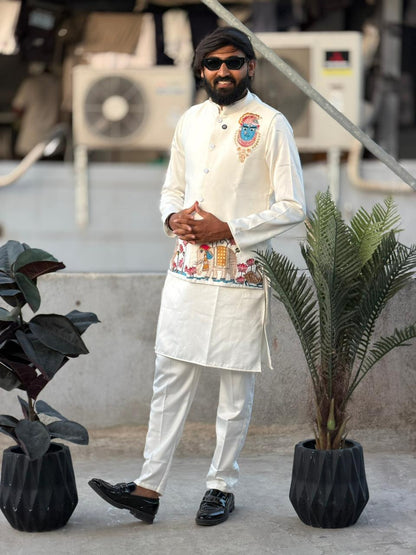 Shagun Fashion Royal White Shrinathji Koti Kurta Set with Designer Embroidery and Matching Stole