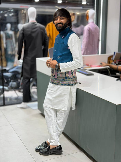SHAGUN FASHION Exclusive Men's Traditional White Kurta Pajama Set with Premium Designer Embroidered Koti