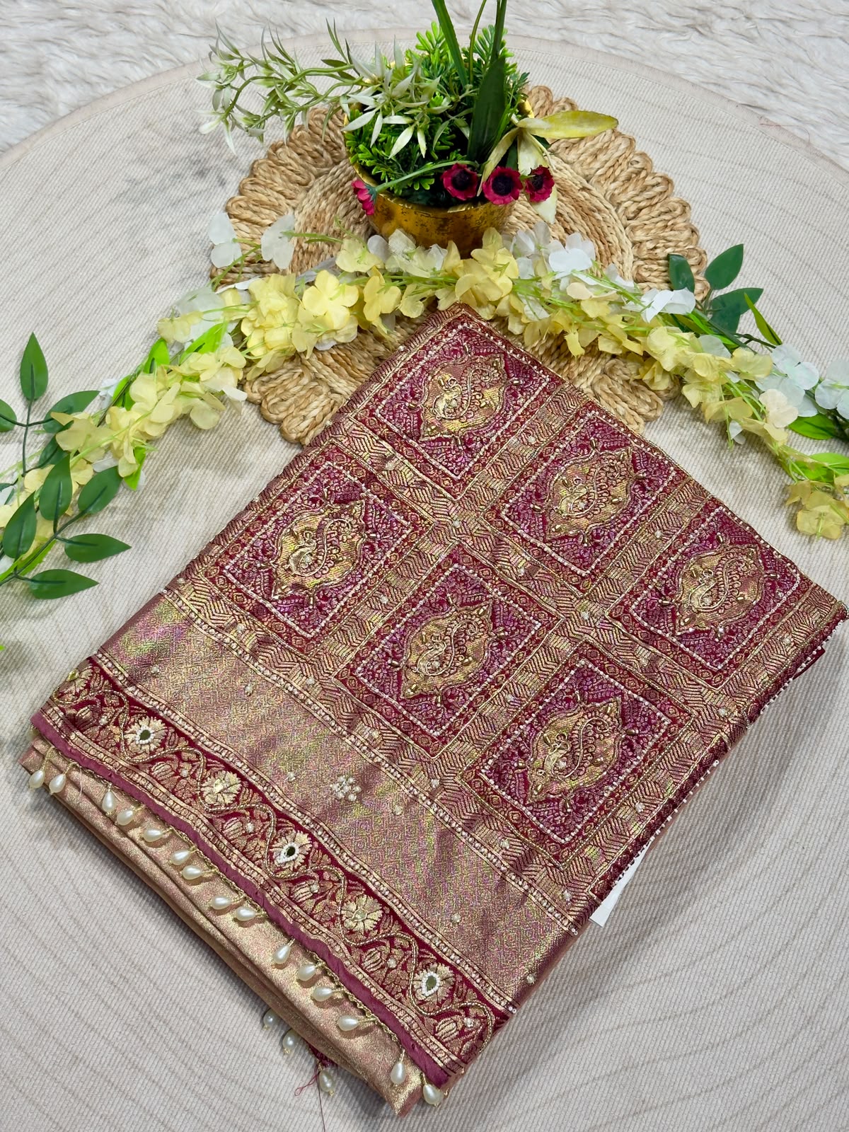SHAGUN FASHION Luxury Banarasi Silk Saree with Heavy Handwork & Pearl Border