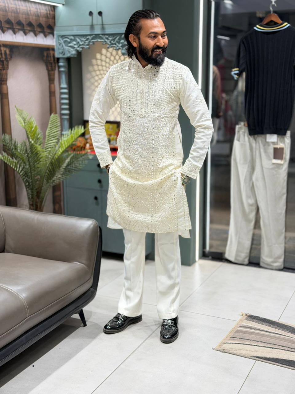 SHAGUN FASHION Premium Men's Mirror Work Lucknowi Kurta Set