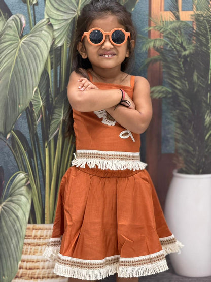 SHAGUN FASHION Cute Rust Orange Cotton Crop Top & Skirt Set with Cool Fringe Details for Little Girls