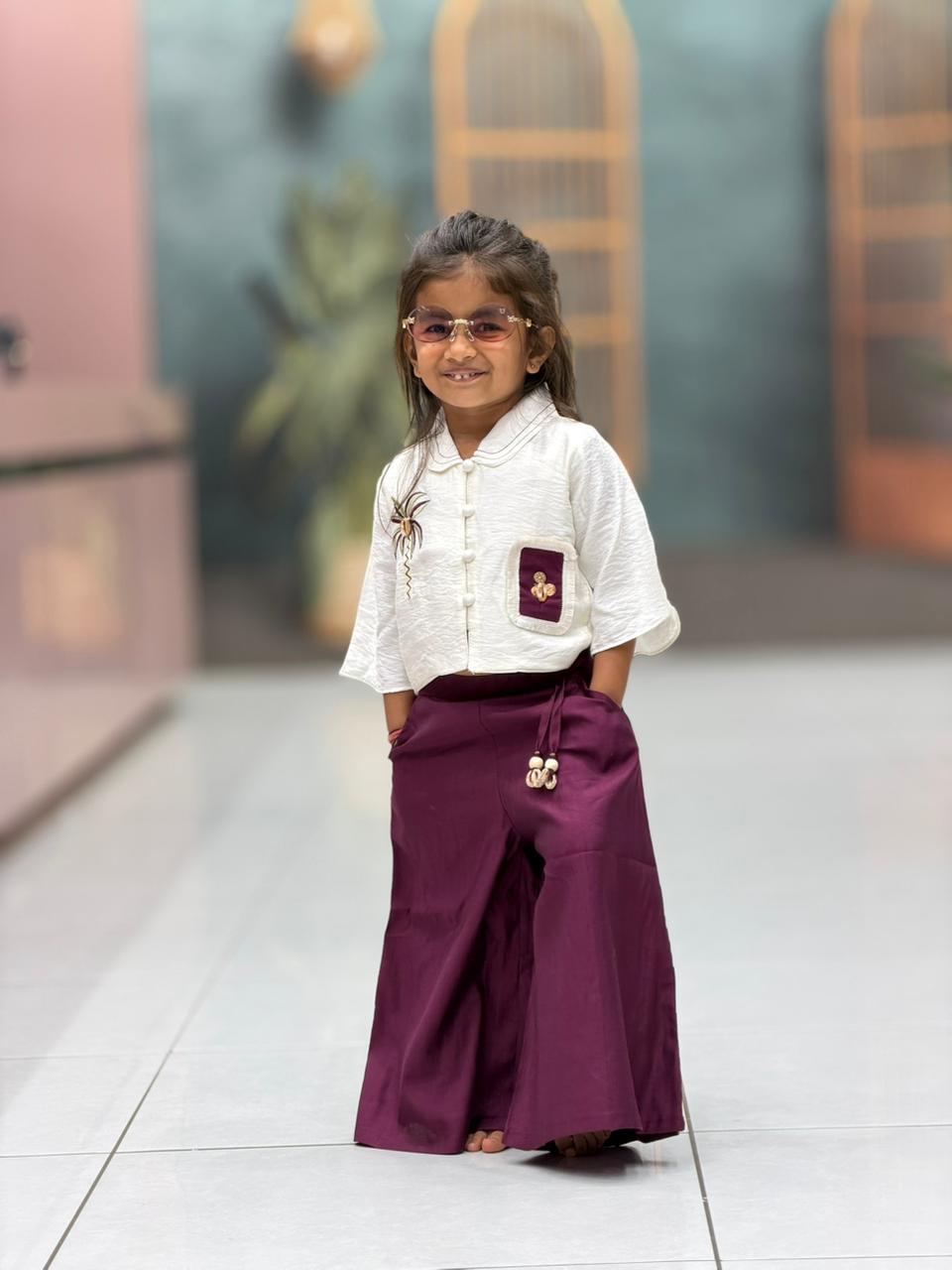 SHAGUN FASHION Cute White Top & Purple Palazzo Set for Girls