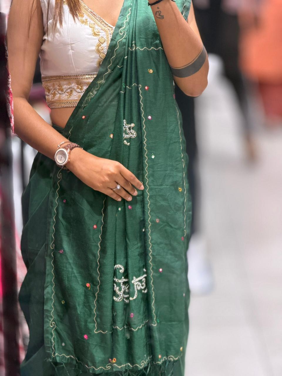 SHAGUN FASHION Premium Ganpati Mantra Cotton Khadi Saree with Latkan tassels