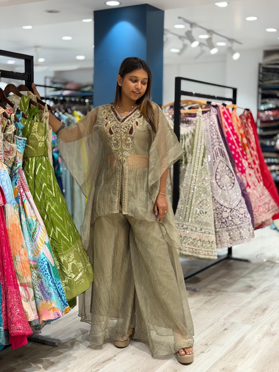 SHAGUN FASHION Party Wear Olive Green Kaftan Style Top with Matching Palazzo Set