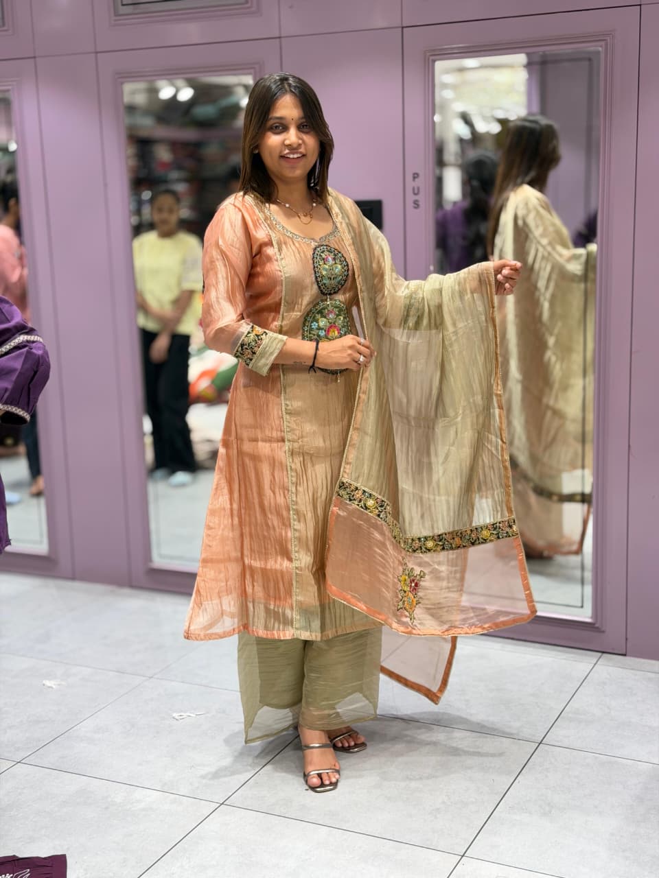 SHAGUN FASHION Peach & Olive Tissue Silk Salwar Suit Set
